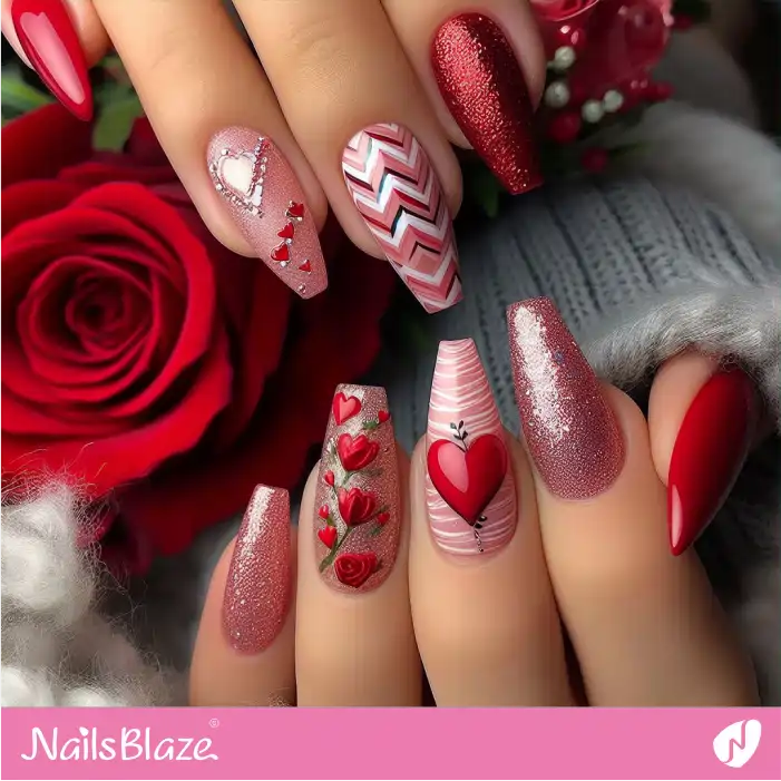 Glitter Embellished Hearts and Roses Valentine's Day Nails | Valentine Nails - NB2794
